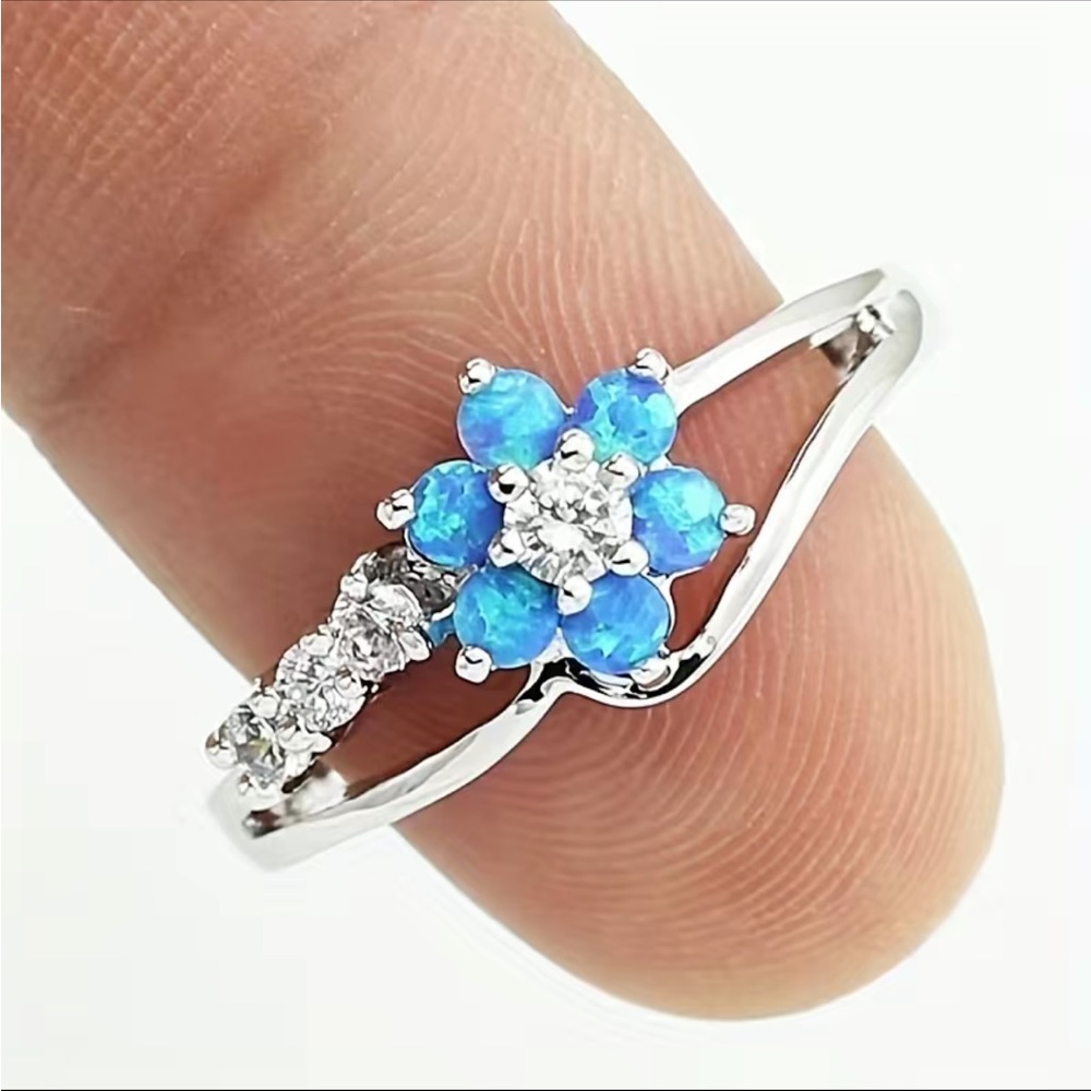 Silver and Blue Flower and Rhinestone Ring